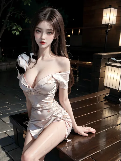short sleeves,off shoulder, dress, fashi-girl,red lips,mature female,makeup, (Best quality, 8k, Masterpiece :1.3), (realistic, photorealistic: 1.37), (1girl), (Pretty woman in her 20s), (slim), (emphasizing slender abs :1.3), (Japanese), (random pose), bre...
