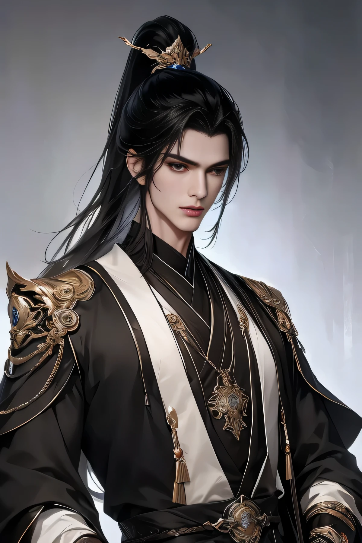 Chinese men，upperbody closeup，black hair on shoulders，（Whole-body proportions）proportions are correct，Face details，（glowing light eyes），The expression is grim，High ponytail hairstyle，Neck details，gold shell，detailed，Black-purple robe，black and purple robe，clothes details，surrender，longer sleeves，Game quality，Light and shadow tracking，ray traycing，detailed发光，cg render，hair detail，（cabelos preto e longos），，Handsome face，Clothing is complicated，Perfectcomposition，Refinement，high high quality，More detailed，A lot of detail，The background is complex，a sense of atmosphere，solid black background，high high quality，（with a pure white background）