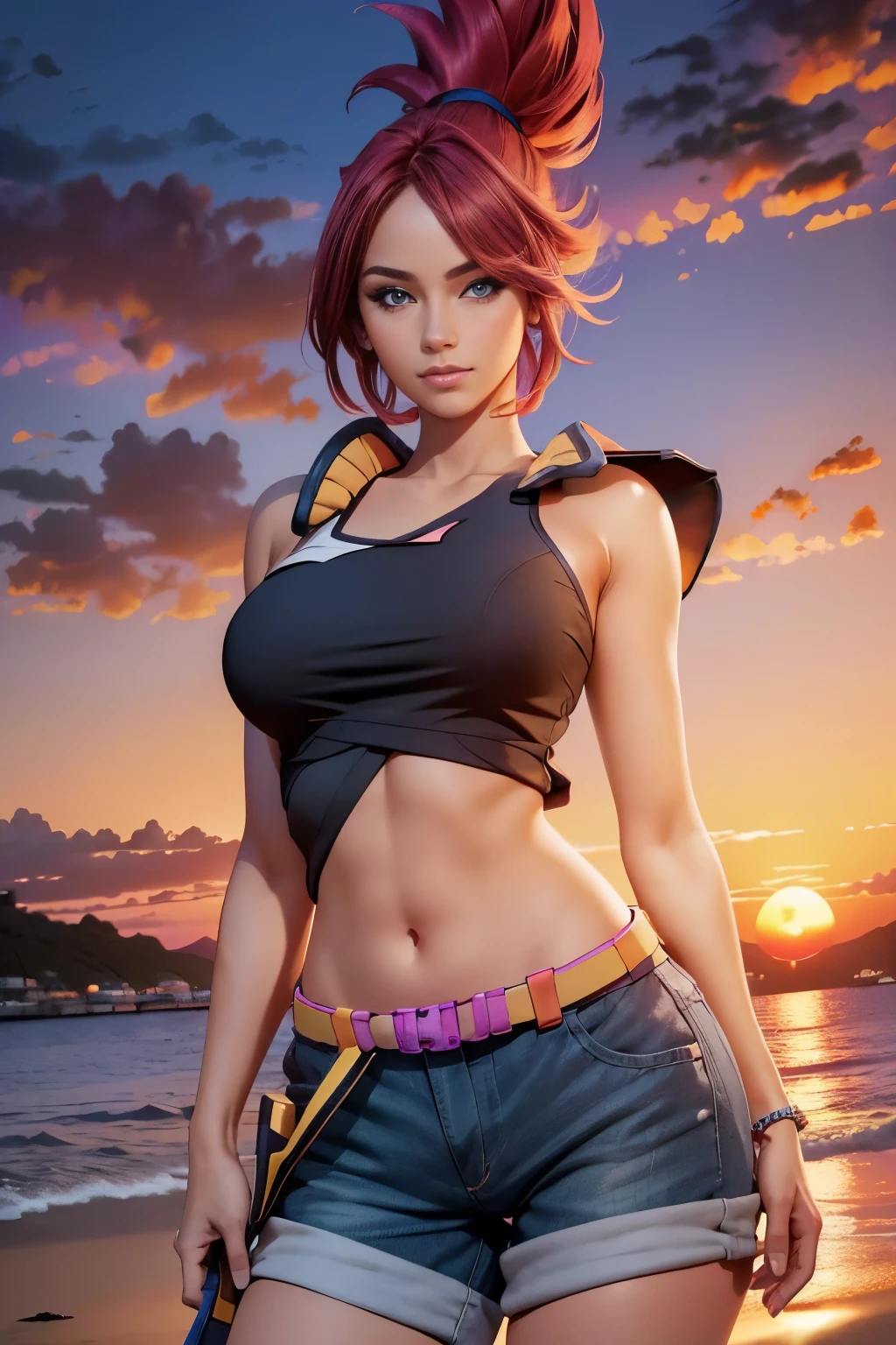 1girl, Photo model, sorrir, foco no espectador, beautiful lighting, best quality, master part, Ultra Highres, fotorrealista, cabelos pretos, tanque curto, short pants, Long capacity, medium breasts, pele branca,( Sunset background:1.4)