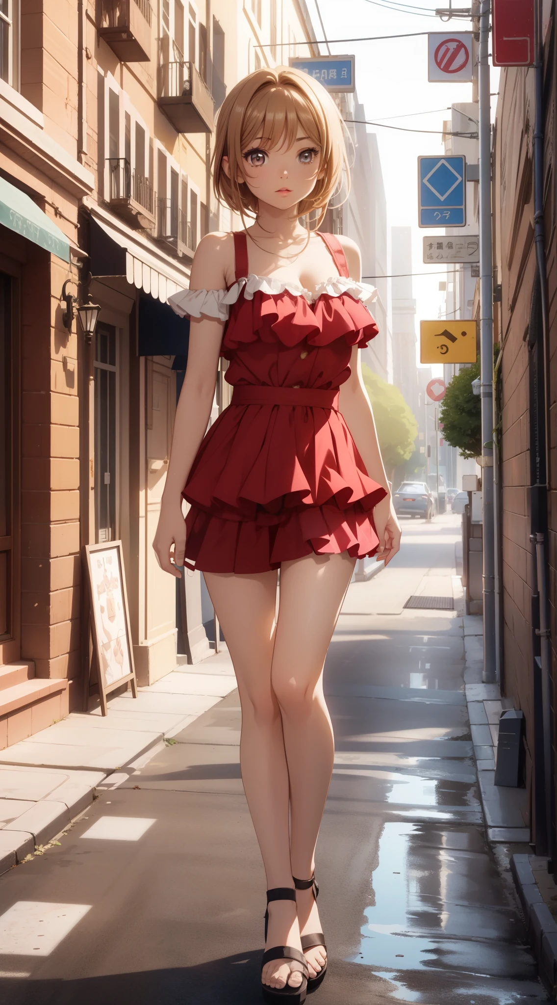 1girl, natural lighting, masterpiece, highly detailed, illustration, game CG, absurdres, high quality, medium breasts, glossy lips, looking at viewer, lips parted, frilly top, cleavage, tiered miniskirt, layered miniskirt, sandals, city street, perfect body, kinomoto sakura, detailed face