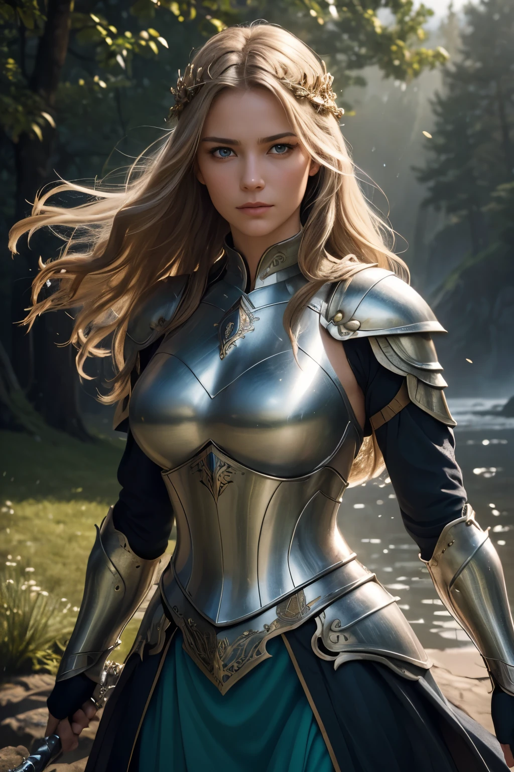 (best quality,4k,8k,highres,masterpiece:1.2),ultra-detailed,(realistic,photorealistic,photo-realistic:1.37),beautiful girl in medieval armor,sharp focus,physically-based rendering,professional,vivid colors,bokeh,armor's texture shining,elaborate golden patterns,medieval castle background,fierce and determined expression,shimmering sunlight on the armor,soft and lush flowing hair,sparkling blue eyes,strong and regal posture,glowing sword in her hand,armor reflecting nature landscape,hint of fog adding mysterious atmosphere,subtle shades of green and brown,soft warm lighting,gentle breeze blowing her hair,possession of strong will and courage,reminiscent of valor and chivalry,romantic ambiance,impressive and awe-inspiring presence,determined to protect her kingdom and loved ones,symbol of strength and beauty,contrast between delicate femininity and formidable strength