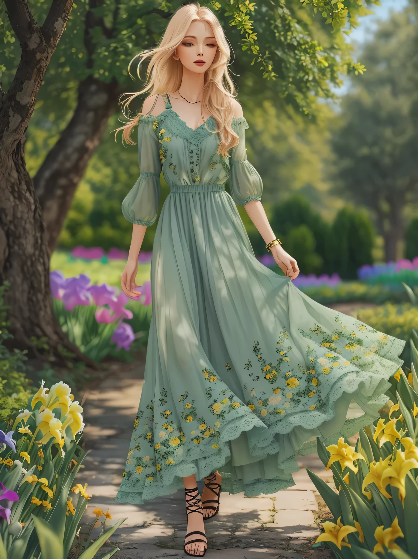 masterpiece, complimentary  solid outline colors,  spectacular quality, summer, European woman, stylish+long blonde hair,      wearing a floral long  front lace_up dress ,  lace trimming ,the skirt of the dress a sheer fabric, on her feet are a pair of sandal high heels,  angular posing, pay alot of impressive attention  by detailing her face, she is on an calming stroll in the park, in the background are: oak trees, tall beautiful weeping willows, lush greenery, nice clear blue skies, seen in the image is her whole form, with a full body portrait shot, a couple of compact pretty decorative colorful florals, iris, buttercup, flower lily, flowers tulip, light to semi-dark color scheme accent colors:ivygarden, second accent color:mimesia blue, this palette has natural cool to warm color temperature