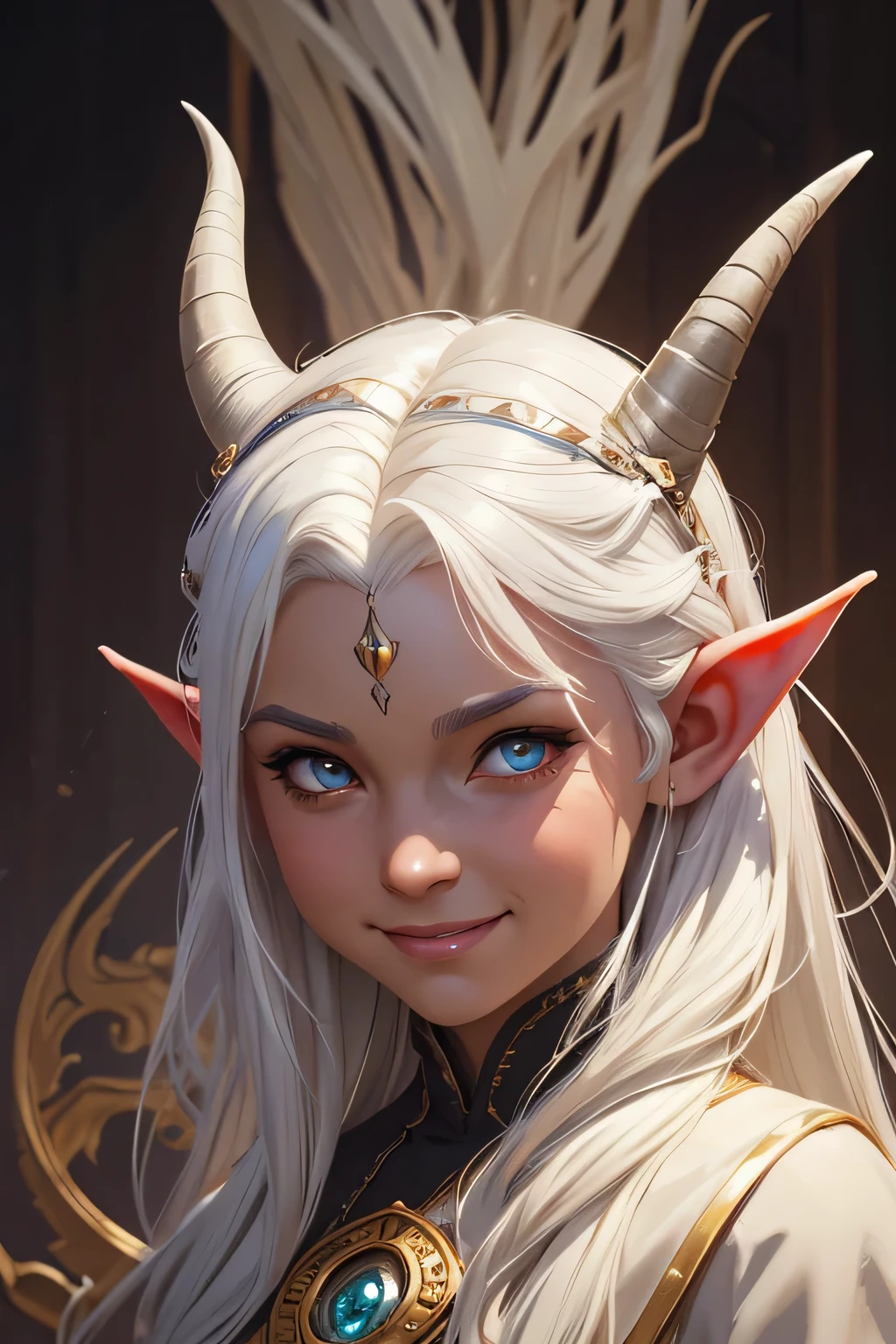 ultra realistic illustration, fantasy, dungeons & dragons, child, tiefling, horns, exotic white hair, monk, demon eyes, intricate, elegant, highly detailed, digital painting, artstation, concept art, sharp focus, illustration, art by artgerm and greg rutkowski and alphonse mucha, happy, smiling, on their own