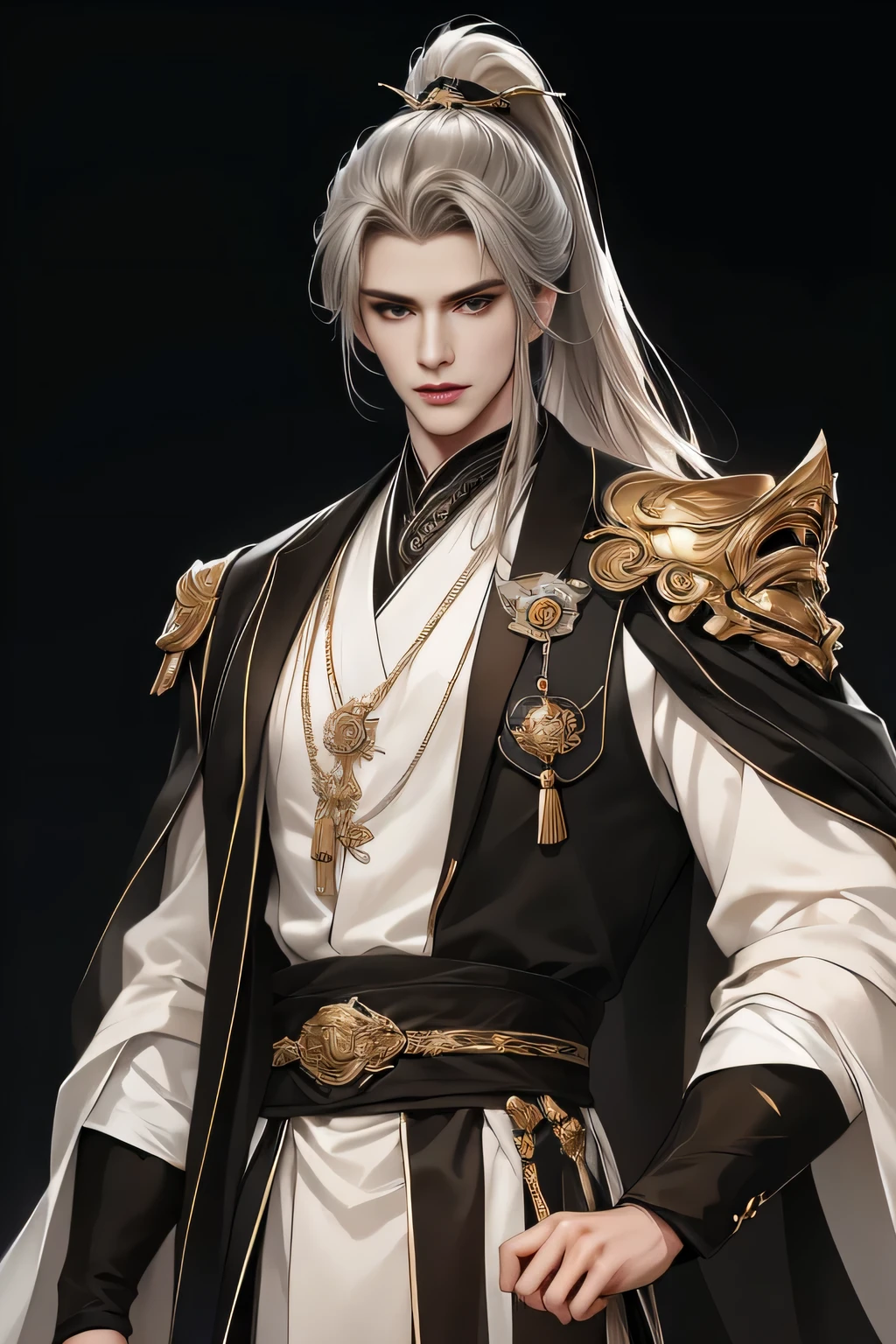 Chinese men，Close-up of the upper body，white hair on shoulders，（Whole-body proportions）The proportions are correct，Face details，（glowing light eyes），Handsome face，High ponytail hairstyle，（white color hair）Neck details，gold shell，detailed，long white robe，white and gold robes，clothes details，surrender，longer sleeves，Game quality，Light and shadow tracking，Ray traching，detailed glow，cg render，hair detail，（White is long hair），，Handsome face，Clothing is complicated，Perfectcomposition，Refinement，high high quality，More detailed，A lot of detail，The background is complex，a sense of atmosphere，solid black background，high high quality，（with a pure white background）