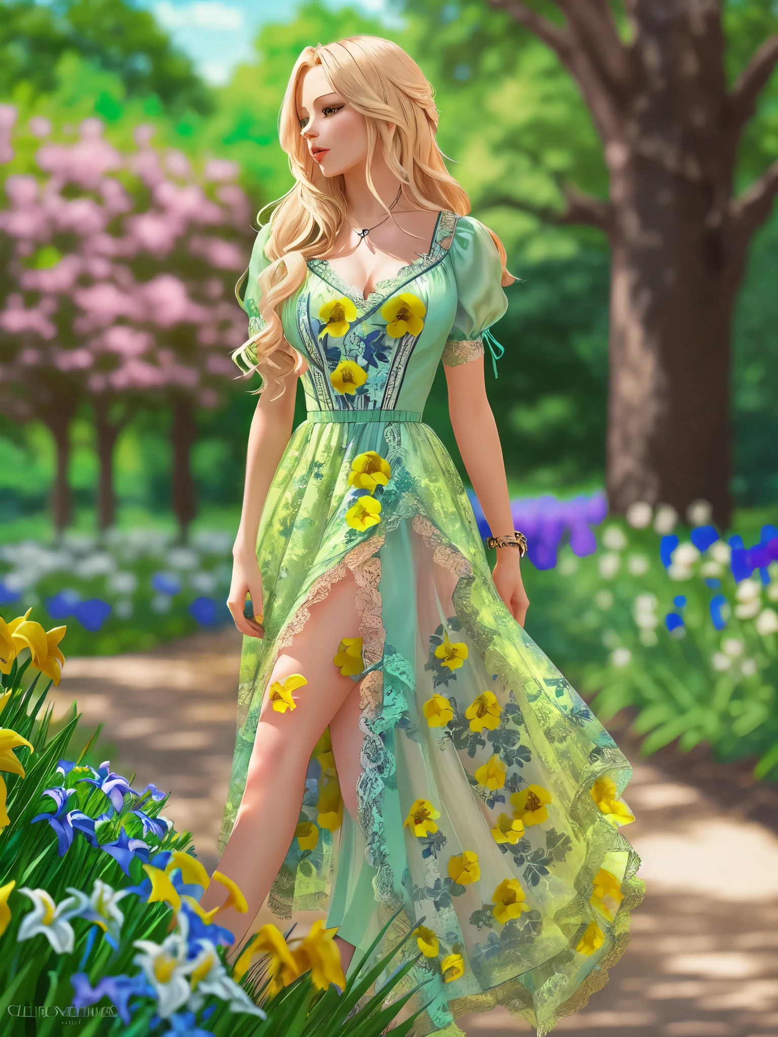 masterpiece, complimentary  solid outline colors,  spectacular quality, summer, European woman, stylish+long blonde hair,      wearing a floral long  front lace_up dress ,  lace trimming ,the skirt of the dress a sheer fabric, on her feet are a pair of sandal high heels,  angular posing, pay alot of impressive attention  by detailing her face, she is on an calming stroll in the park, in the background are: oak trees, tall beautiful weeping willows, lush greenery, nice clear blue skies, seen in the image is her whole form, with a full body portrait shot, a couple of compact pretty decorative colorful florals, iris, buttercup, flower lily, flowers tulip, light to semi-dark color scheme accent colors:ivygarden, second accent color:mimesia blue, this palette has neutral cool to warm color temperature,  balance the focus of the background and the foreground