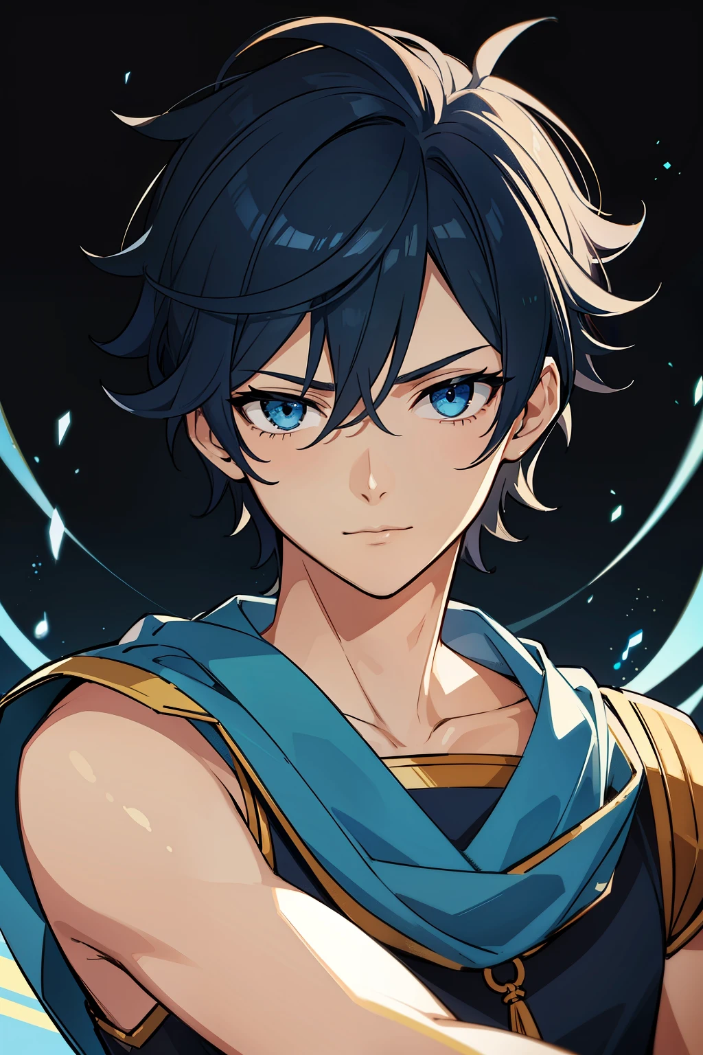 (high-quality, breathtaking),(expressive eyes, perfect face) 1boy, boy, solo, teenager, dark blue hair, blue coloured eyes, stylised hair, gentle smile, medium length hair, loose hair, side bangs, curley hair, really spiky hair, spiked up hair, looking at viewer, portrait, ancient greek clothes, blue black and white tunic, white Chlamys, sleeveless, greek, blue and gold sash, music inspired background, related to Orpheus, hair accessory blue