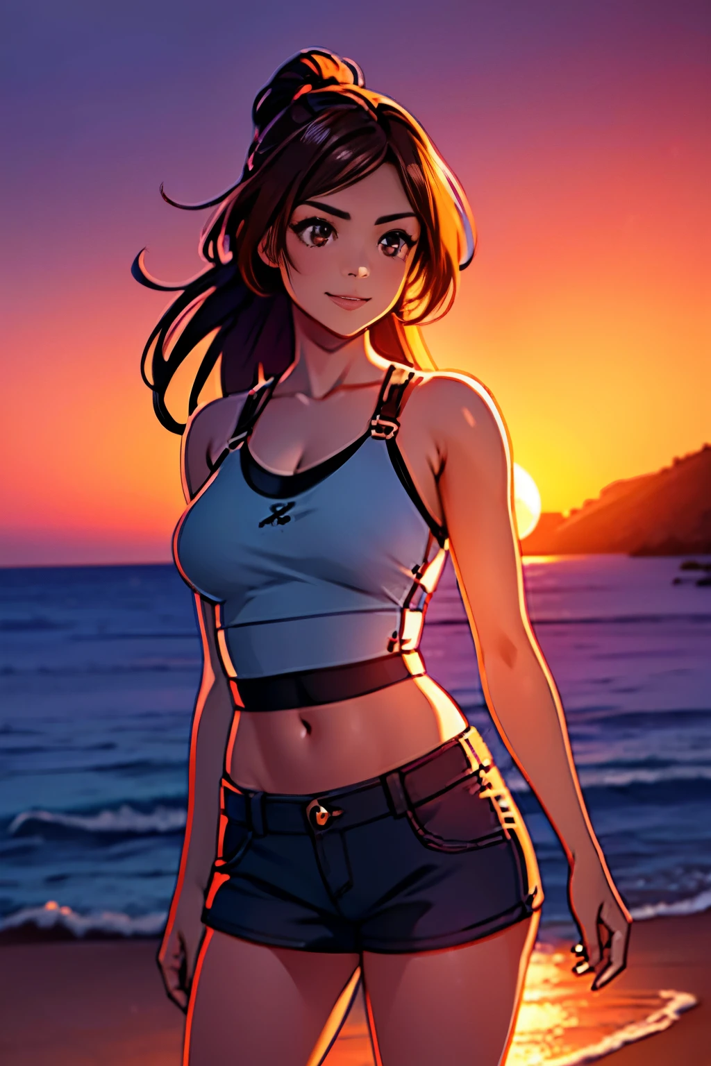 1girl, Photo model, sorrir, foco no espectador, beautiful lighting, best quality, master part, Ultra Highres, fotorrealista, cabelos pretos, tanque curto, short pants, Long capacity, medium breasts, pele branca,( Sunset background:1.4)