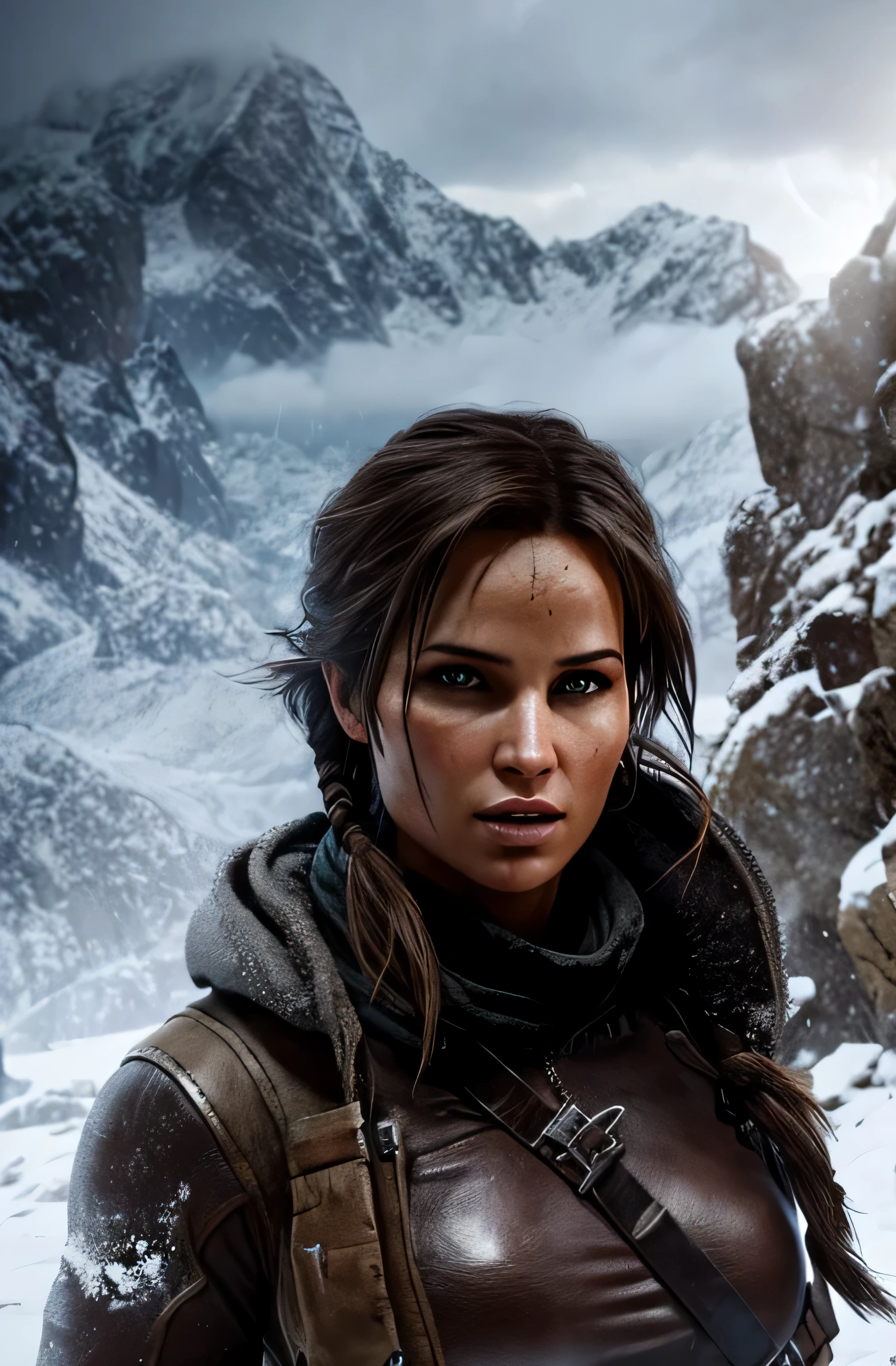 Lara Croft, Hermoso, cara perfecta, mirada sexy, El pelo al viento en un entorno de escalada medieval, viento helado, tormenta de nieve, Sturm, Montañas, impresionante paisaje, iluminación dramática