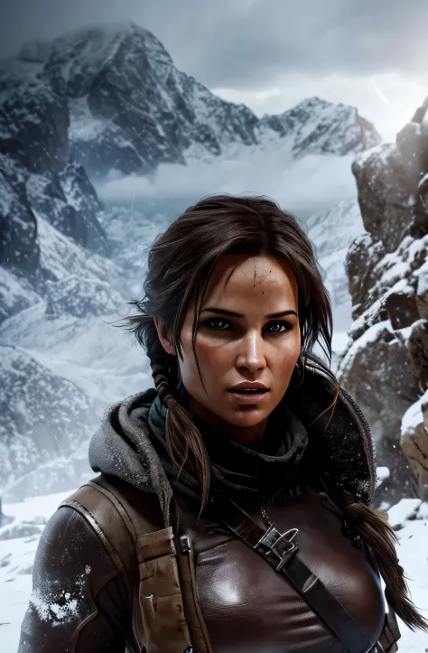 lara croft, beautiful, perfektes gesicht, sexy look, haare wehen im wind in einer mittelalterlichen kletterkulisse, eisiger wind...