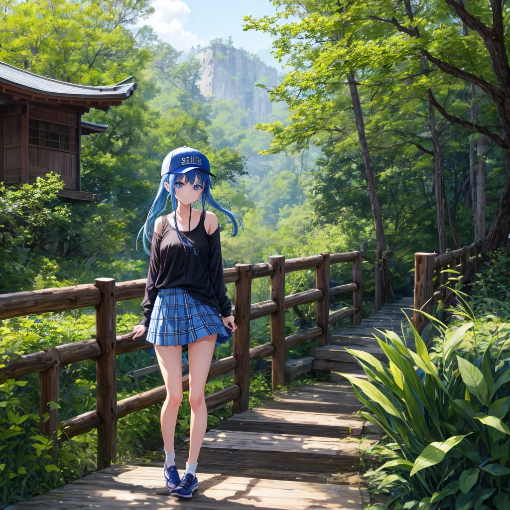 Blue hair、blue eyess、Braids、one good looking girl、独奏、animesque、Plaid miniskirt、Black T-shirt、camisole、the woods、Sunlight、Wearing a plaid baseball cap、bare-legged、Tilting your face、Walking、Crossing a log bridge while keeping balance、Doing the ribbon、have a twig、climbing the wooden stairs、falls