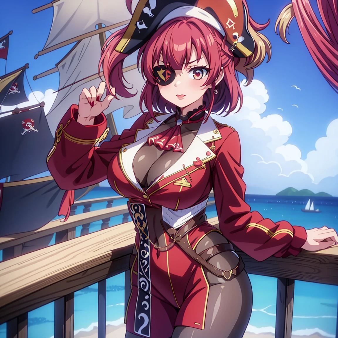 Anime image of an older woman with red hair and eyes, with red lipstick on her lips and wearing a sexy and very tight pirate outfit, as well as having an eye patch, standing near the helm of a pirate ship.