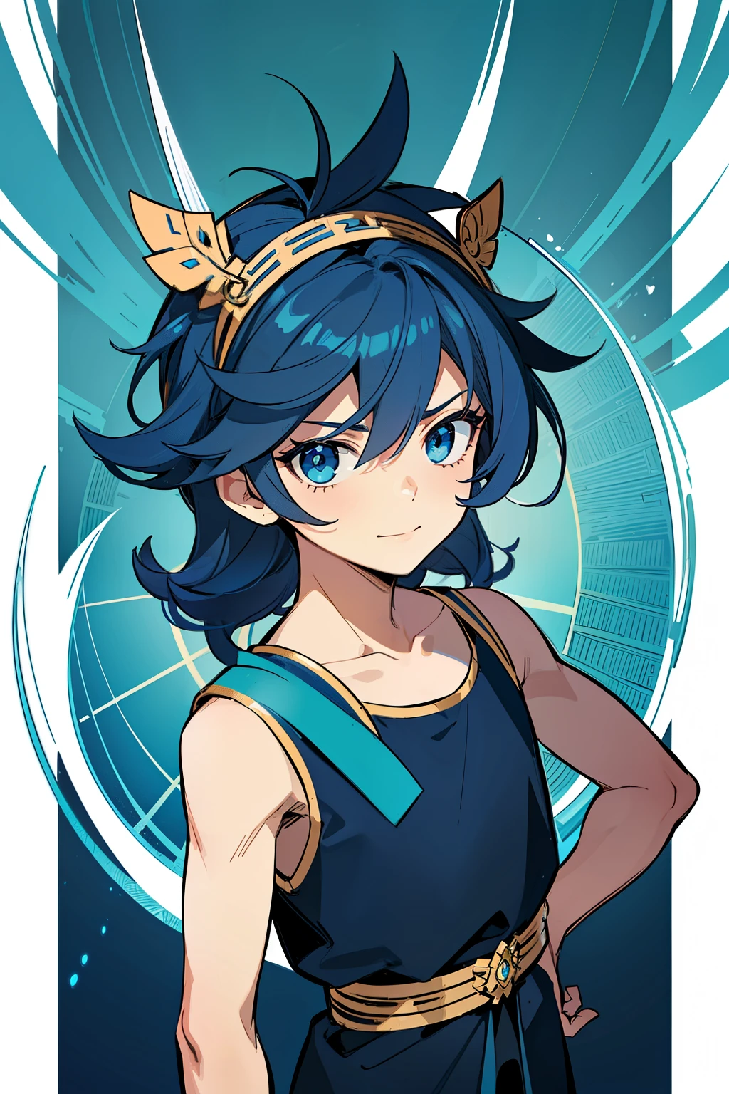 (high-quality, breathtaking),(expressive eyes, perfect face) 1boy, boy, solo, child, dark blue hair, blue coloured eyes, stylised hair, gentle smile, medium length hair, loose hair, side bangs, curley hair, really spiky hair, spiked up hair, looking at viewer, portrait, ancient greek clothes, blue black and white tunic, white Chlamys, sleeveless, greek, blue and gold sash, music inspired background, related to Orpheus, hair accessory blue, 36½ inches tall, chibi art style