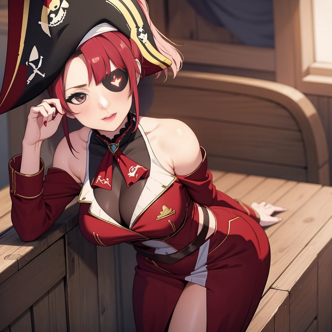 Imagen anime de una mujer mayor con cabello y ojos rojos., con lápiz labial rojo en los labios y luciendo un traje de pirata sexy y muy ajustado, además de tener un parche en el ojo, parado cerca del timón de un barco pirata.