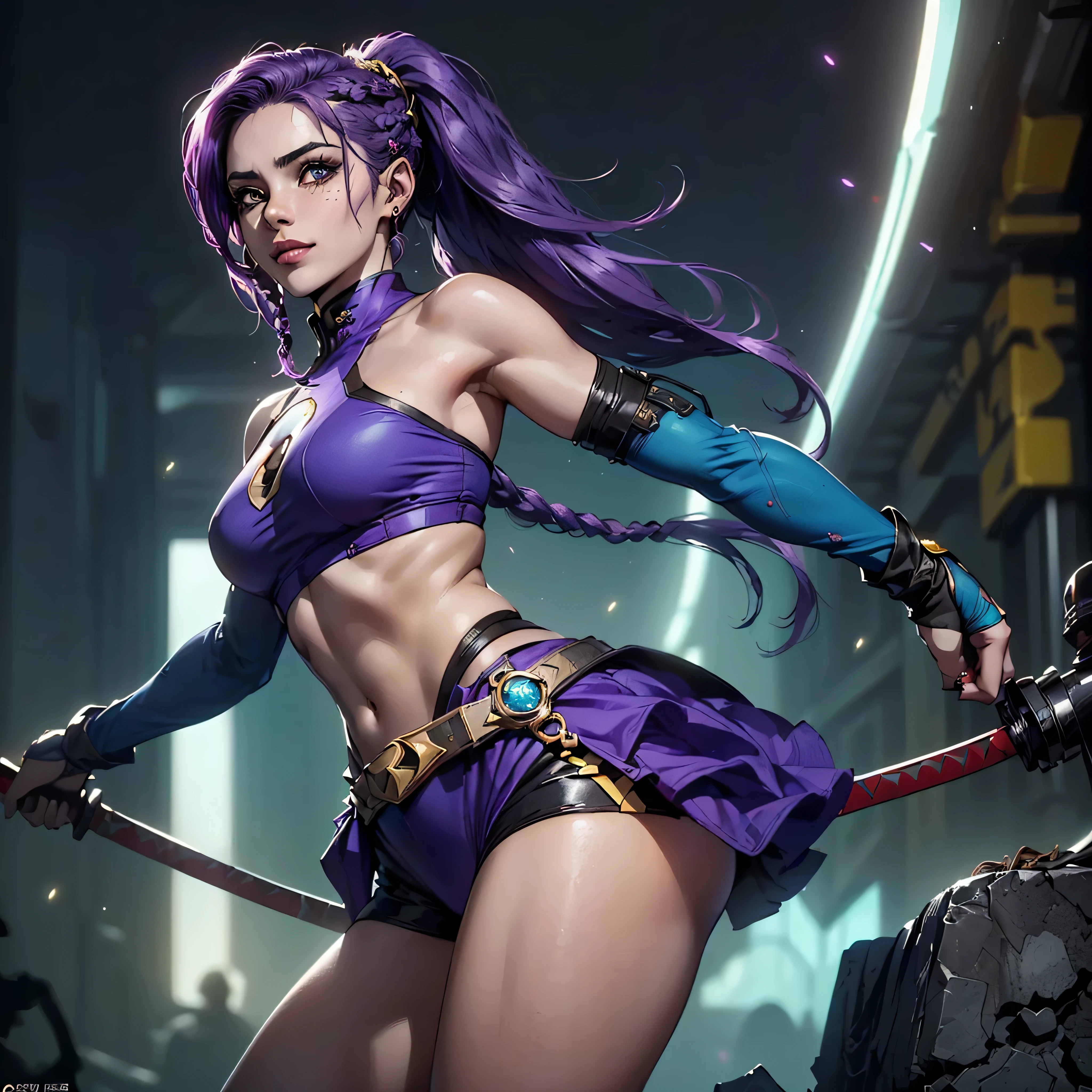 (((1girl))), ((beautiful girl with fluffy pink hair)), (breasts big:1.4),Sagging , ((A woman with purple hair and ponytail braid in a superhero pose)), gil elvgren style, WLOP, artgerm (((A 25-year-old woman with purple hair and ponytail braid wearing an all-purple hero outfit with yellow accents in a dynamic pose))) ((Black superhero costume)) ((Woman segurando uma espada Katana apontada para o espectador)) (((cerulean_Ojo:1.3))), Ojo intrincado, lindo Ojo detalhado, symetric eye)),(((hero uniform, standing alone, corpo fitness, color Art, third rule, dinamic pose, Woman, 1 of 25 years, smiling at the viewer, nblurry background, legs thick, Ojos azuis, SHE is in a fighting pose, RED RAYS ARE AROUND YOUR BODY, body fitness, breasts big, WLOP, artgerm, Lejia Chan, new china, Jeehyung Lee, Depth of field, detalhes intricate, subtle colors, Fantastic kingdom, extremely detaild, focus ultra sharp, light particles, attention to detail, vast open world, grandeur and admiration, cinemactic, Stunning visual masterpiece, double-exposure, photorrealistic, cinematographic scene, (((vibrant cores, intricate),(master part),(best qualityer) 32K, octane rendering, ((dinamic pose))