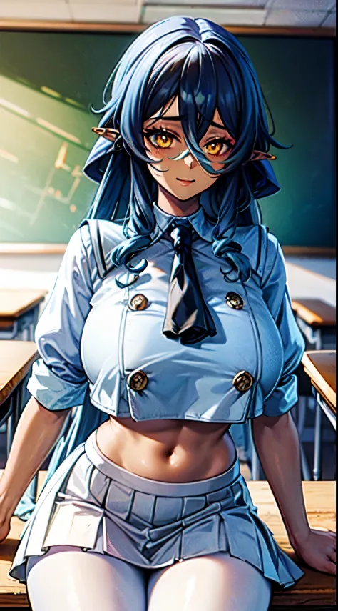 masterpiece, best quality, extremely detailed, 1girl, gyaru, solo, (dark brown skin:2), laylarnd, (huge breasts), ((((blue hair), long hair, yellow eyes, pointy ears))), parted lips, (((white serafuku, double-breasted, crop top, white skirt, white pantyhos...