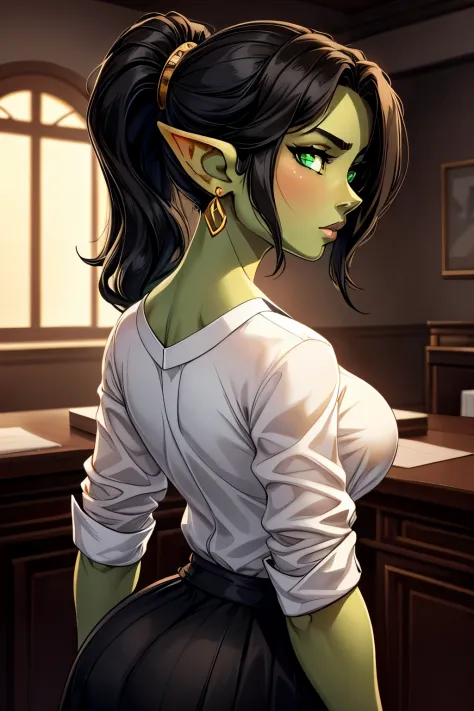 ((ultra quality)), ((tmasterpiece)), Goblin Girl, Short stature, ((black long hair tied in a ponytail)), (beatiful face), (beaut...