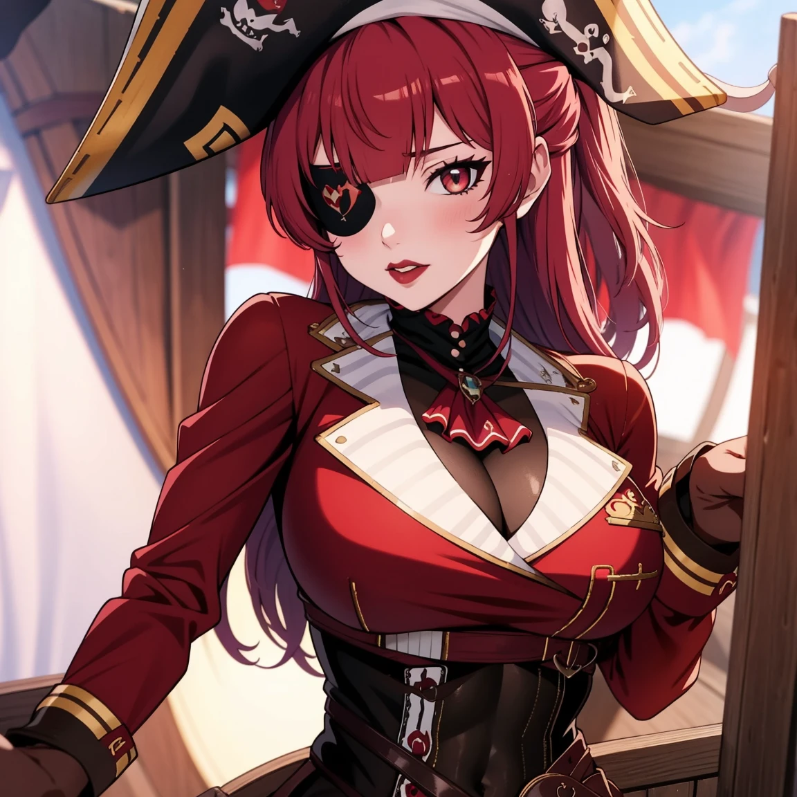 Anime image of a girl with red hair and eyes with red lipstick on her lips and wearing a sexy and very tight pirate outfit, as well as having an eye patch, is near the helm of a pirate ship