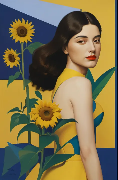 there is a woman standing in a field of sunflowers, kenton nelson, beautiful retro art, michael cheval (unreal engine, inspired by Stevan Dohanos, peter driben, anna dittmann alberto vargas, by Mario Bardi, inspired by Art Frahm, laurent durieux, by Juan O...