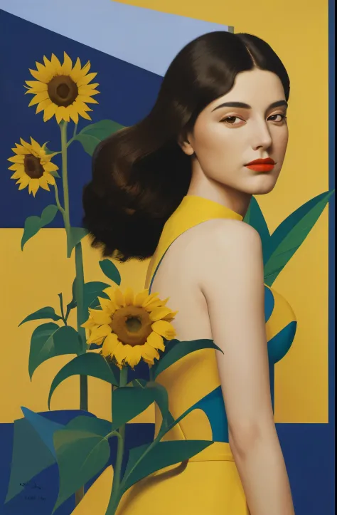 there is a woman standing in a field of sunflowers, kenton nelson, beautiful retro art, michael cheval (unreal engine, inspired ...