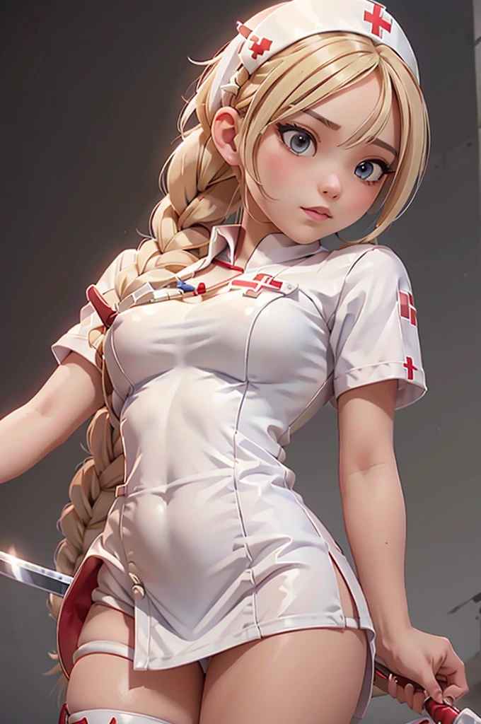 1 garota, Cabelo loiro trançado, Warrior enfermeira with sword on the battlefield, vestido em couro branco brilhante com símbolo da Cruz Vermelha, enfermeira.