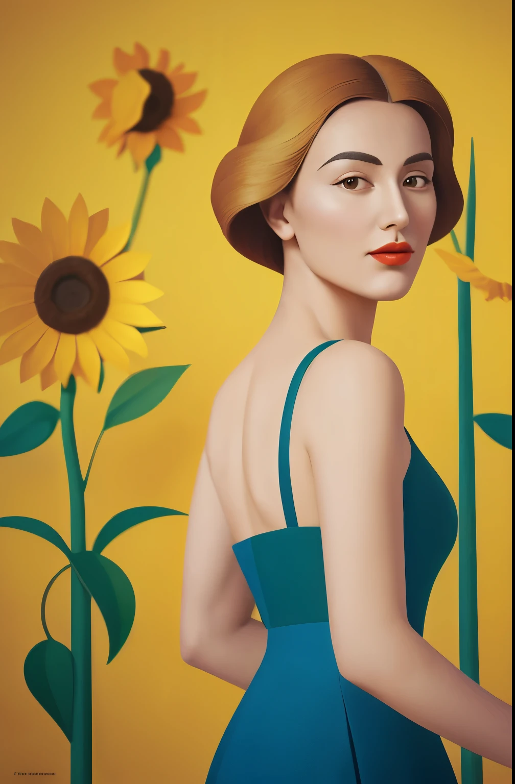 there is a woman standing in a field of sunflowers, kenton nelson, beautiful retro art, michael cheval (unreal engine, inspired by Stevan Dohanos, peter driben, anna dittmann alberto vargas, by Mario Bardi, inspired by Art Frahm, laurent durieux, by Juan O'Gorman, andrey remnev