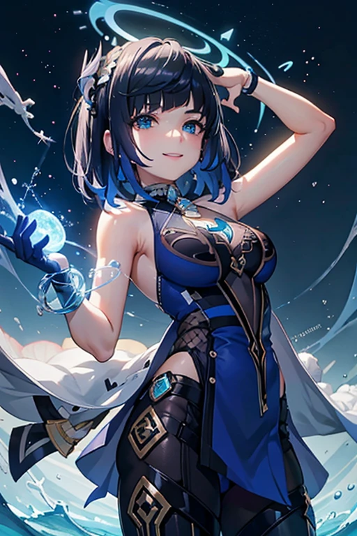 (tmasterpiece), (A high resolution), Yelan, 1 girl, Alone, Carry the audience on your back, ssmile, short detailed hair, , brunette color hair, mitts, a skirt, jewely, medium, eBlue eyes, Blue hair, jaket, woven, Open, Sleeveless, elbow mitts, Armpits, birthmark, grinning smile,Take it easy, Arms down, spark of light, blue a skirt, Bob Che, white jaket, imagining (genshin impact), nopan, slanted bangs,