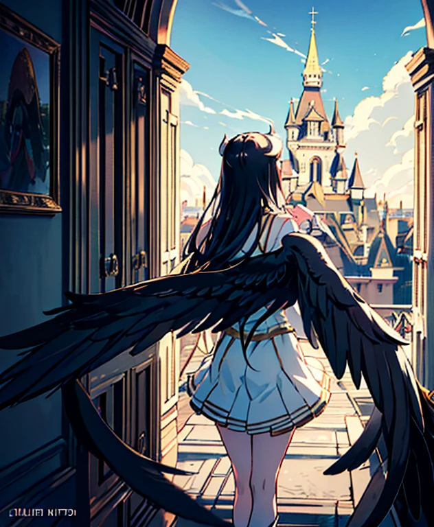 high resolution, sharp focus, pixiv masterpiece, ((intricate details)), highly detailed, 1 girl, black wings, short white dress with gold, short dress, white horns, albedo_overlord, black hair, (low wings,: 1.1), view from behind, castle on background