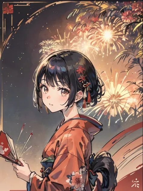 kimono、komono、moderno、A Japanese style、colourfull、Black hair okata、New Year's card、Background fireworks