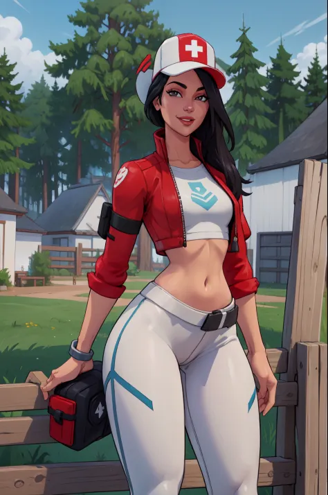 xyzremedy,1girl,standing, (solo), (cowboy shot:1.5), smiling, Happy, mouth closed, (master piece:1.3), (best quality:1), looking at viewer, highly detailed, forest,curvy,white crop top,white legging,white baseball hat,red jacket,realistic,