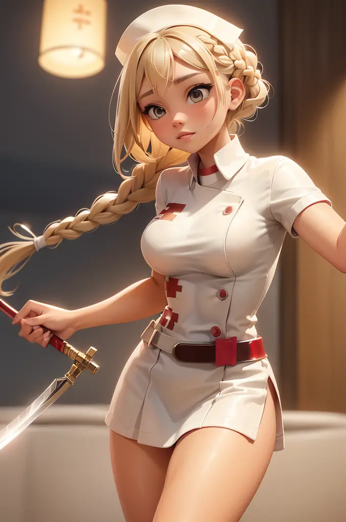 1girl, Blonde braided hair, Warrior Nurse with sword on the battlefield, dressed in Glossy White Leather with Red Cross Symbol, ...