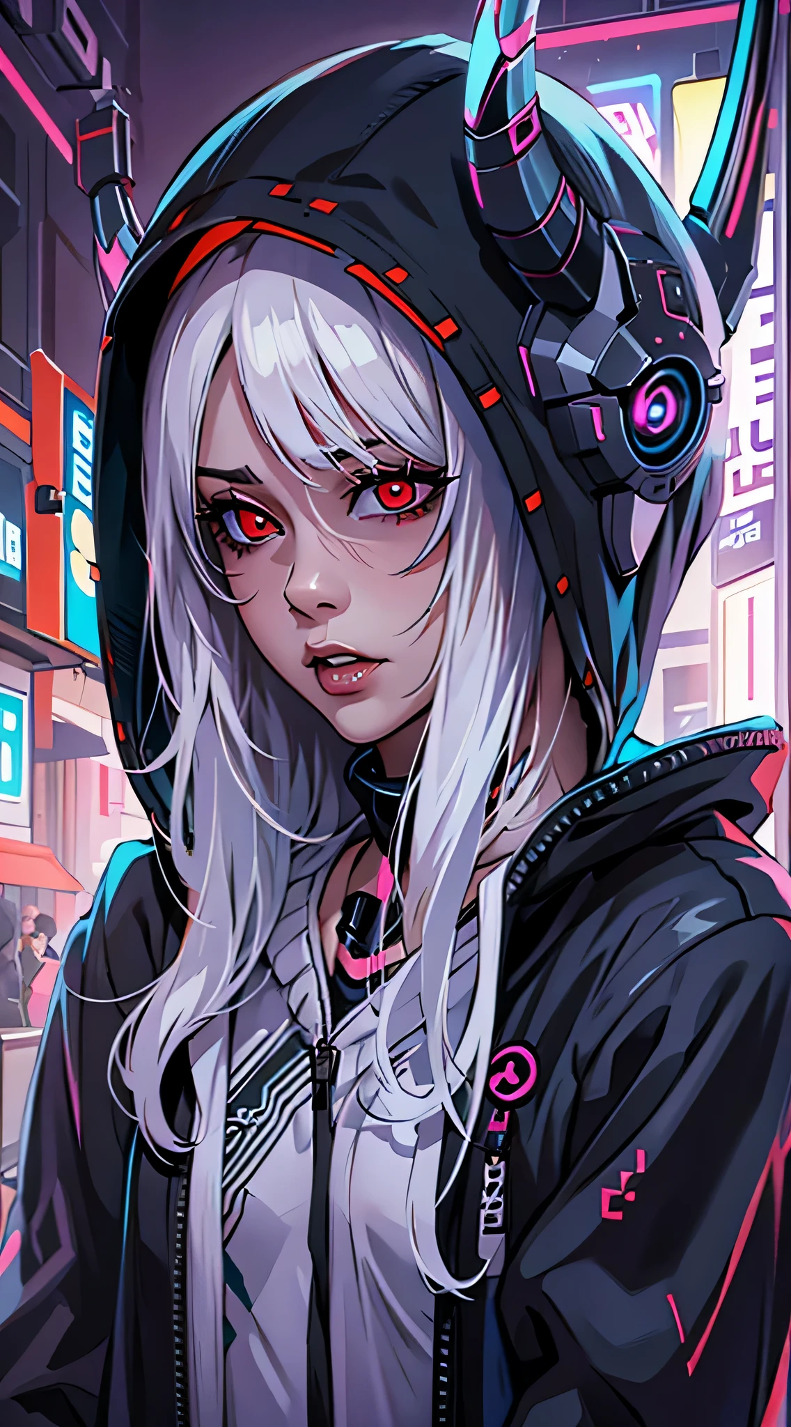 dreamy cyberpunk girl, cyberpunk art ultrarealistic, 1 girl, white hair, oversized black hoodie, cyber daemon, loli, cyberpunk, ((cyber horns)), red eyes,