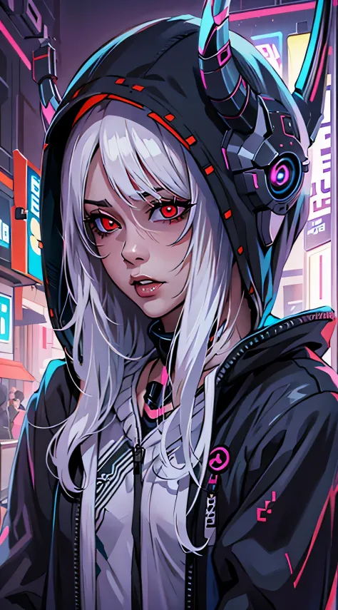 dreamy cyberpunk girl, cyberpunk art ultrarealistic, 1 girl, white hair, oversized black hoodie, cyber daemon, loli, cyberpunk, ...