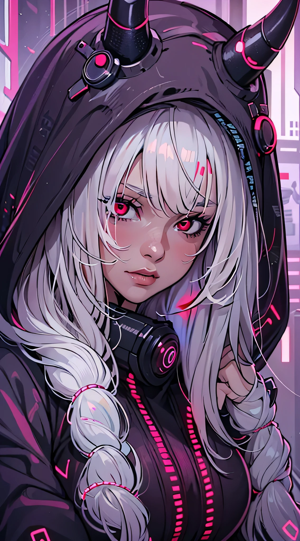 dreamy cyberpunk girl, cyberpunk art ultrarealistic, 1 girl, white hair, oversized black hoodie, cyber daemon, loli, cyberpunk, ((cyber horns)), red eyes,