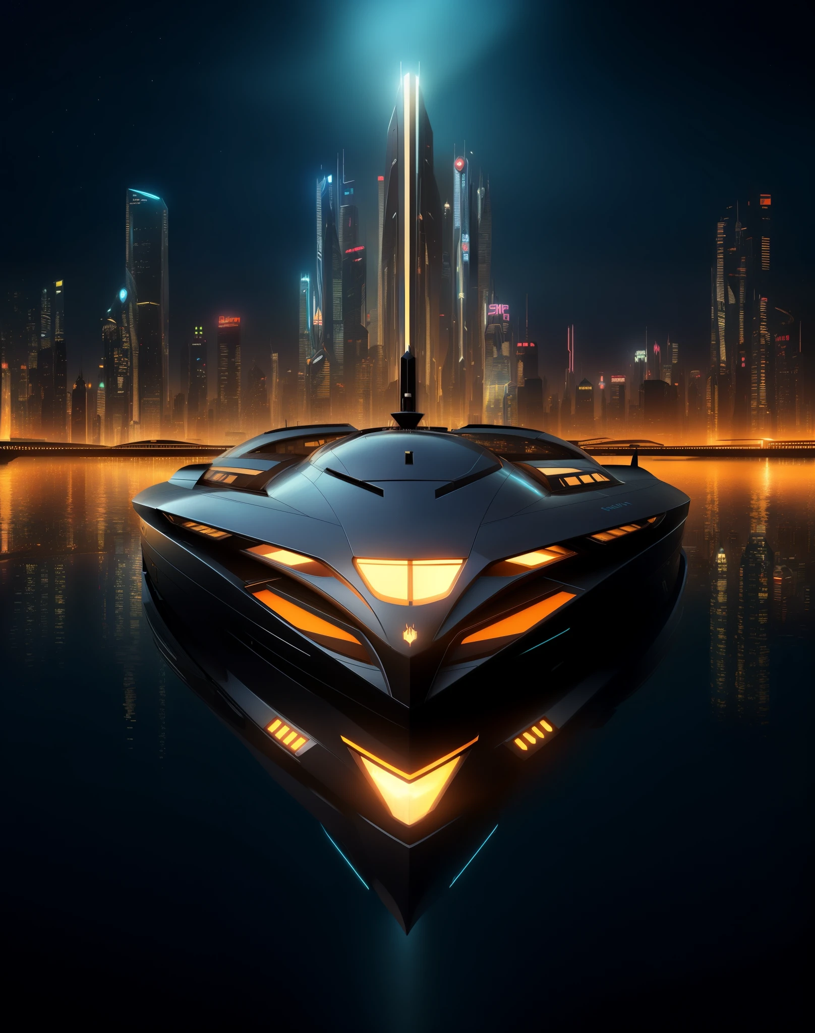 a close up of a boat in the water with a city in the background, cyberpunk speedboat, an iron man concept yacht, concept boat, style of raymond swanland, futuristic digital art, futuristic concept art, very futuristic, futuristic poster, art deco sci fi, in a futuristic city, futuristic digital painting, futuristic art, futuristic setting, high quality digital concept art