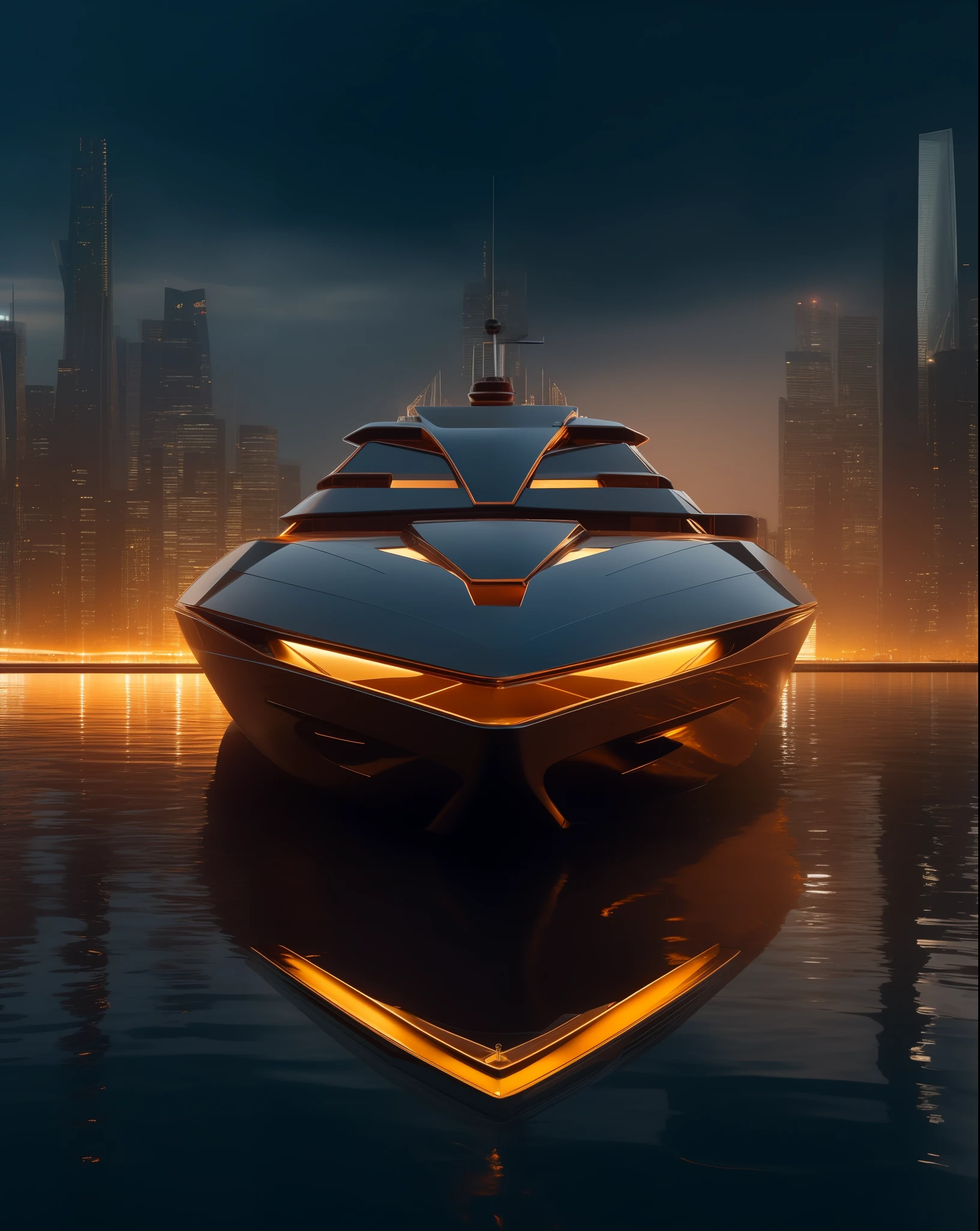 a close up of a boat in the water with a city in the background, cyberpunk speedboat, an iron man concept yacht, concept boat, style of raymond swanland, futuristic digital art, futuristic concept art, very futuristic, futuristic poster, art deco sci fi, in a futuristic city, futuristic digital painting, futuristic art, futuristic setting, high quality digital concept art