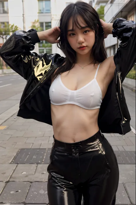 ultra‐realistic, higher-contrast image, high-quality, 4k, a beautiful 19 year old Japanese actress is posing outdoor in street style, sexy pose with her left hand taking off her jacket, trying to show her beautiful armpit, seductive face, a black glossy le...