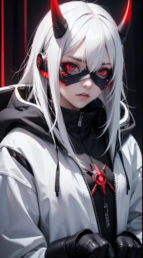 1 girl, white hair, oversized black hoodie, cyber daemon, loli, cyberpunk, ((cyber horns)), red eyes, cyberware, dreamy cyberpun...