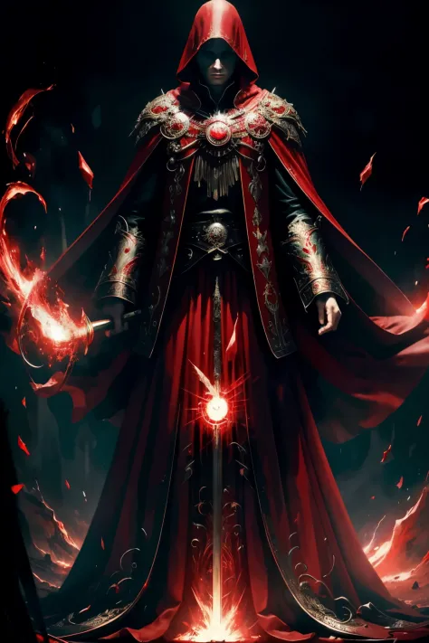 (best quality,4k,8k,highres,masterpiece:1.2),ultra-detailed,realistic,blood mage,cinematic,dark,red tunic,torn red cape,majestic...