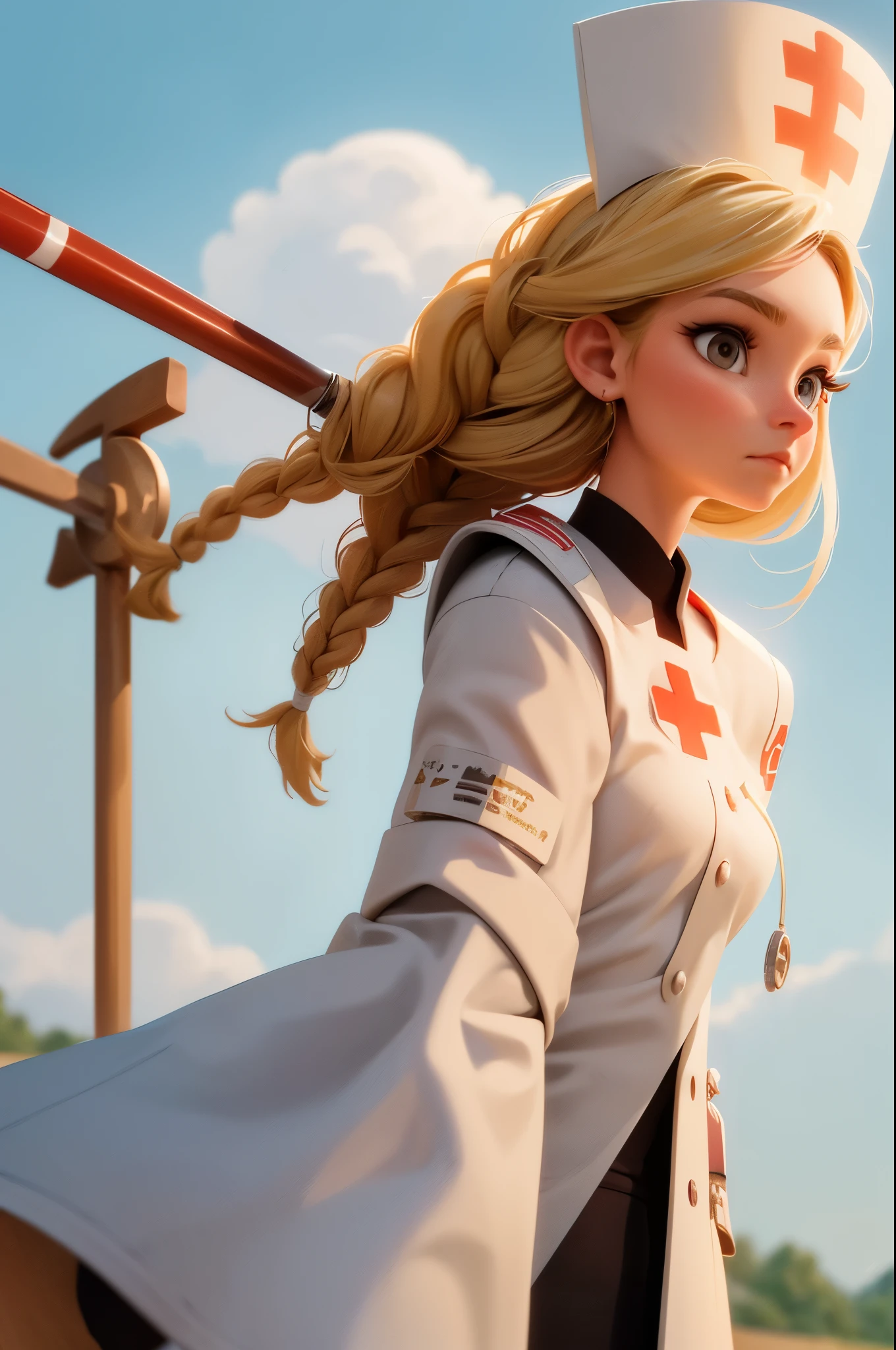 1girl, Blonde braided hair, Warrior Nurse with sword on the battlefield, dressed in Glossy White Leather with Red Cross Symbol, Nurse.