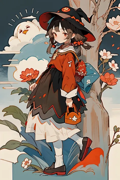 1menina (Megumin), bird, guarda-chuva, cabelo longo, ao ar livre, vestido, solo, red eyes, segurando, vestido branco, flor rosa,...