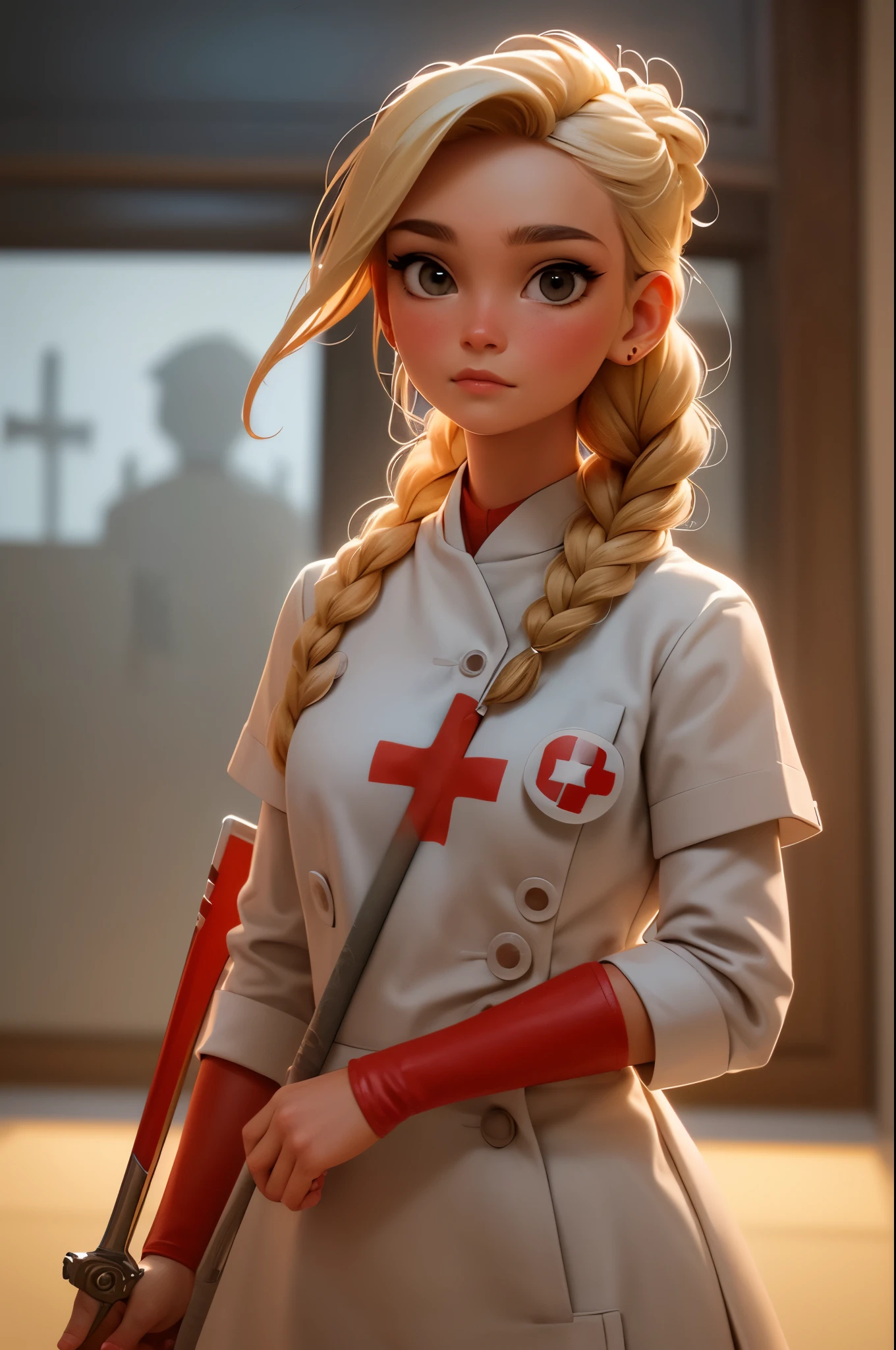 1 garota, Cabelo loiro trançado, Warrior enfermeira with sword on the battlefield, vestido em couro branco brilhante com símbolo da Cruz Vermelha, enfermeira.