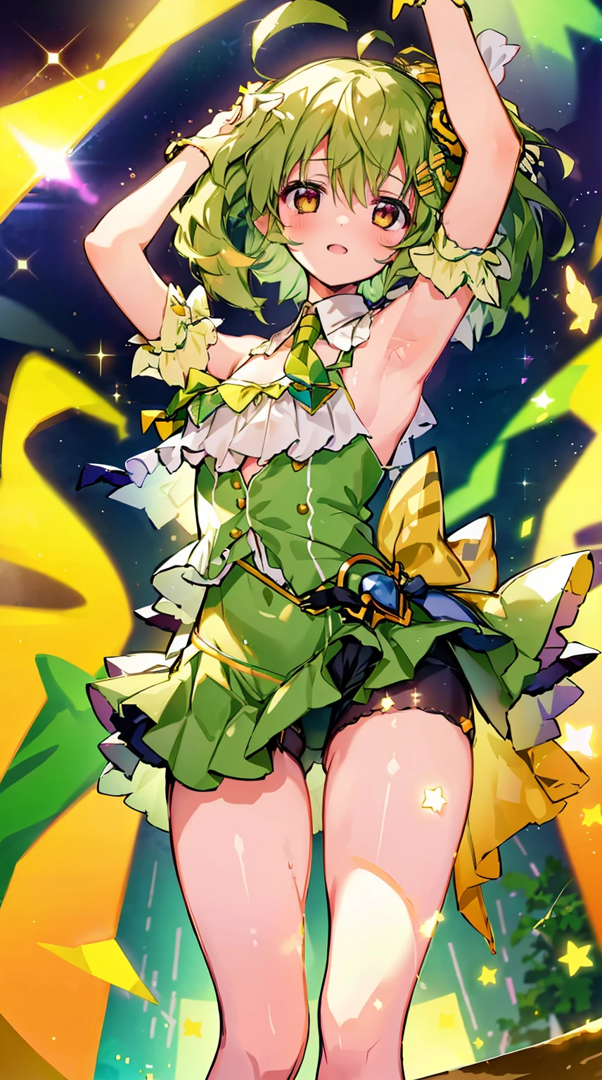 Masterpiece, Best Quality, hight resolution,  1girl in,green color,luminous effect,twinkle twinkle, Solo, Holding the microphone in her hand, slender, thighs thighs thighs thighs, concert, Spotlight, (小さなthighs thighs thighs thighs:1.6)