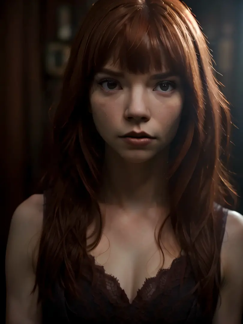 bokeh,closeup,cinematic light,DSLR,masterpiece,high detailed,red hair with bangs,dark mood,any4tayl0r