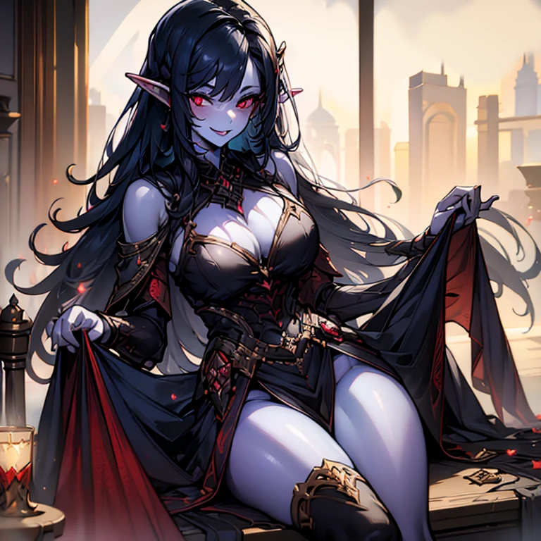 ((Masterpiece)), ((best quality)), ((highres)), Dark elf woman in a majestic dress sitting at a table with four other people, she has ruby-red eyes and grey skin, black hair, polite smile, 35 years old, discussing, extremely detailed, dress lifted