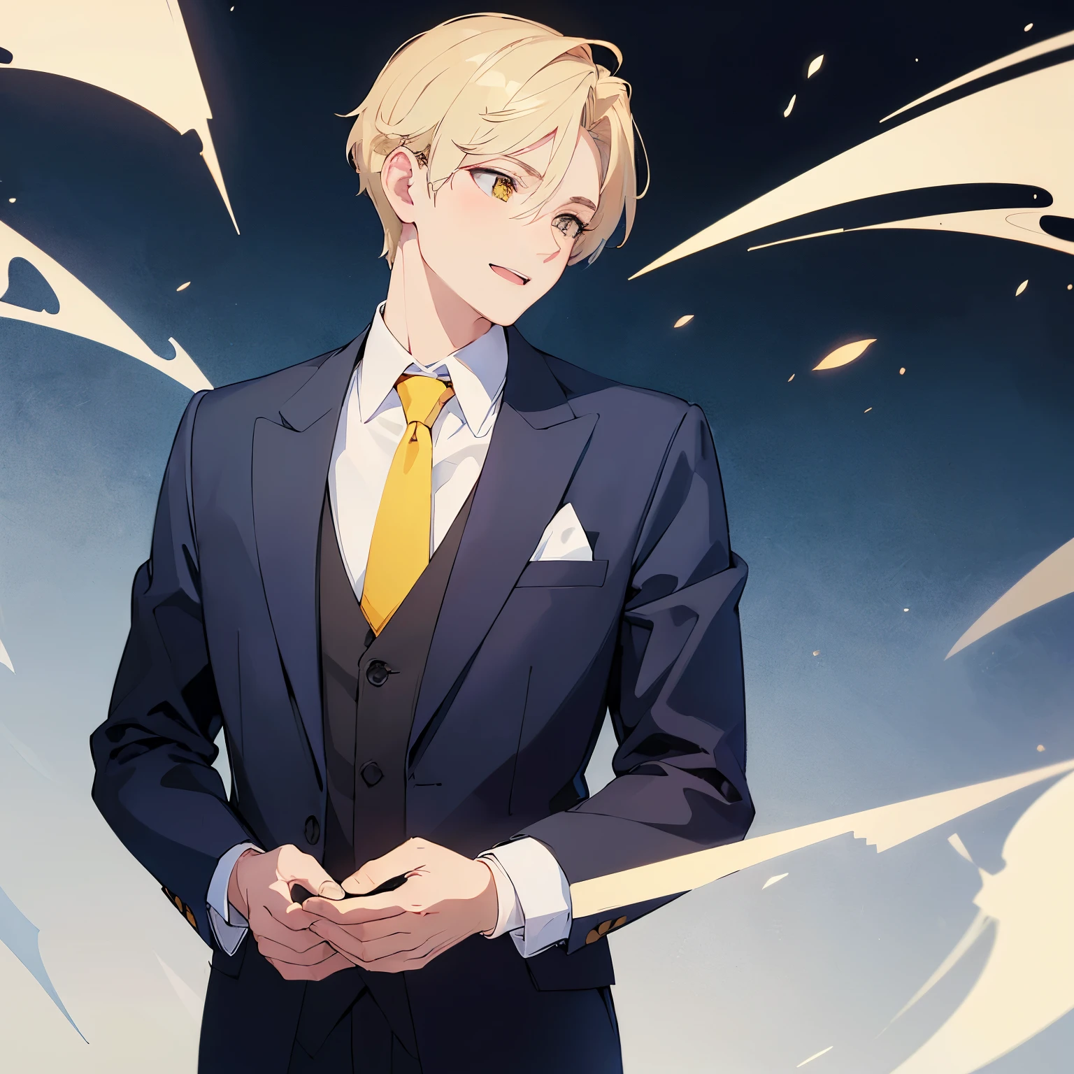 (looking away:1.5), Shooting from the side、​masterpiece、hightquality、25 year old man with short blonde hair and yellow eyes、(Wearing a dark blue suit:1.2)、white  shirt、red necktie、(Alone:1.5)、(smile:1.1)、open mouth, (Only the upper body is shown.:1.3)、The background is office、is standing、Bold composition、