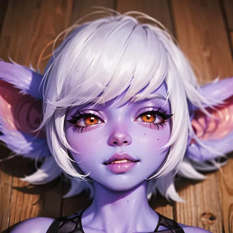 tristana, sexy face, classes, licking a lolipop, close portrait, ultra detalhes face, white hair, purple skin, droowing,