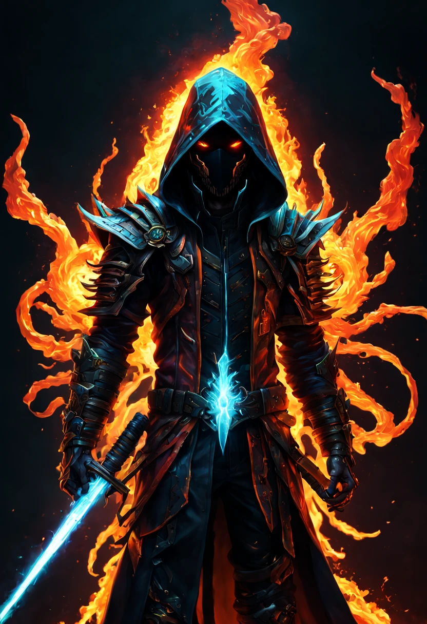 masterpiece, Rogue assassin men, wearing a hood, black hair, shrouded in shadows, holding a flaming dagger in each hand, vibrant glowing abyssal colors, entirely in frame, slim FULL BODY cover suit, radiating electrical energy, shoulder length messy hair, Full body, Beautiful anime style girl, hyperdetailed painting, luminism, 8k resolution, fractal isometrics details bioluminescence , 3d render, octane render, intricately detailed , cinematic, trending on art station Isometric Centered hyper realistic cover photo awesome full color, hand drawn , gritty, realistic, intricate, hit definition , cinematic, Rough sketch, bold lines, on paper, vibrant, epic, ultra high quality model