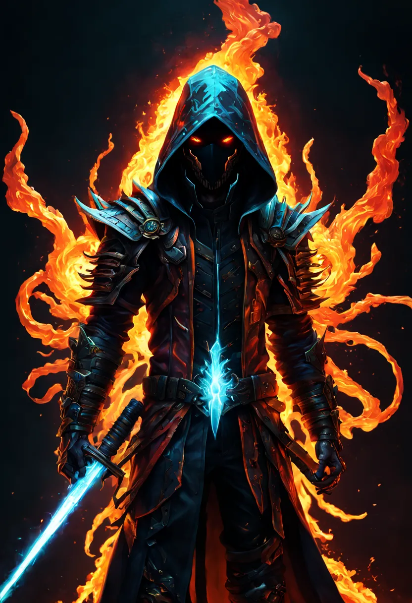 masterpiece, Rogue assassin men, wearing a hood, black hair, shrouded in shadows, holding a flaming dagger in each hand, vibrant...