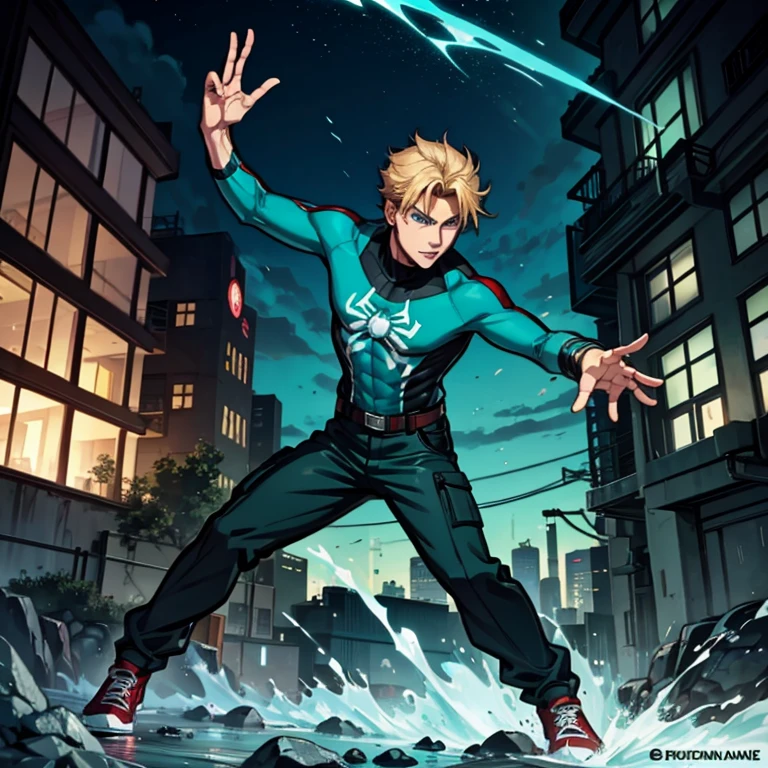 20 year old, handsome male, brownish-blond hair, blue eyes, spider-man suit (Turquoise, electric green, and black), no mask, epic pose, anime style, cargo pants, converse shoes