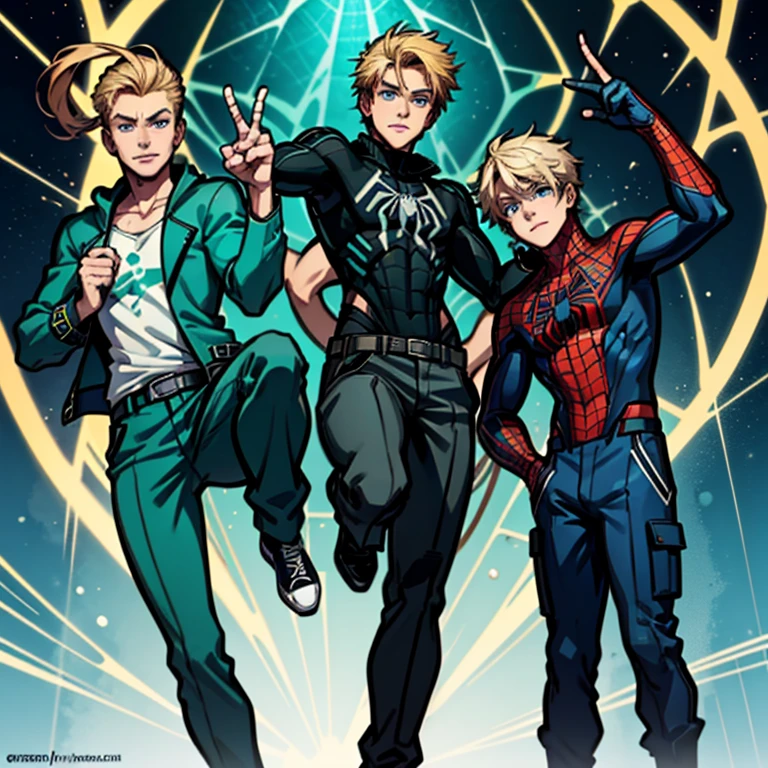 20 Jahre alt, hübscher Mann, bräunlich-blondes Haar, blaue Augen, Spider-Man-Anzug (Türkis, Elektrisch grün, und Schwarz), keine Maske, epische Pose, Anime-Stil, Cargohose, Converse-Schuhe, Spider-Man